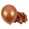 A single bronze latex balloon is shown next to a bundle of crumpled bronze foil balloons for party decor.