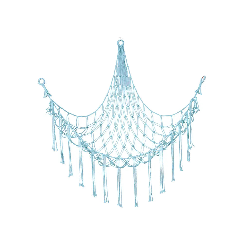 A light blue multi-use storage hammock for toys and plushies, suspended like a canopy.