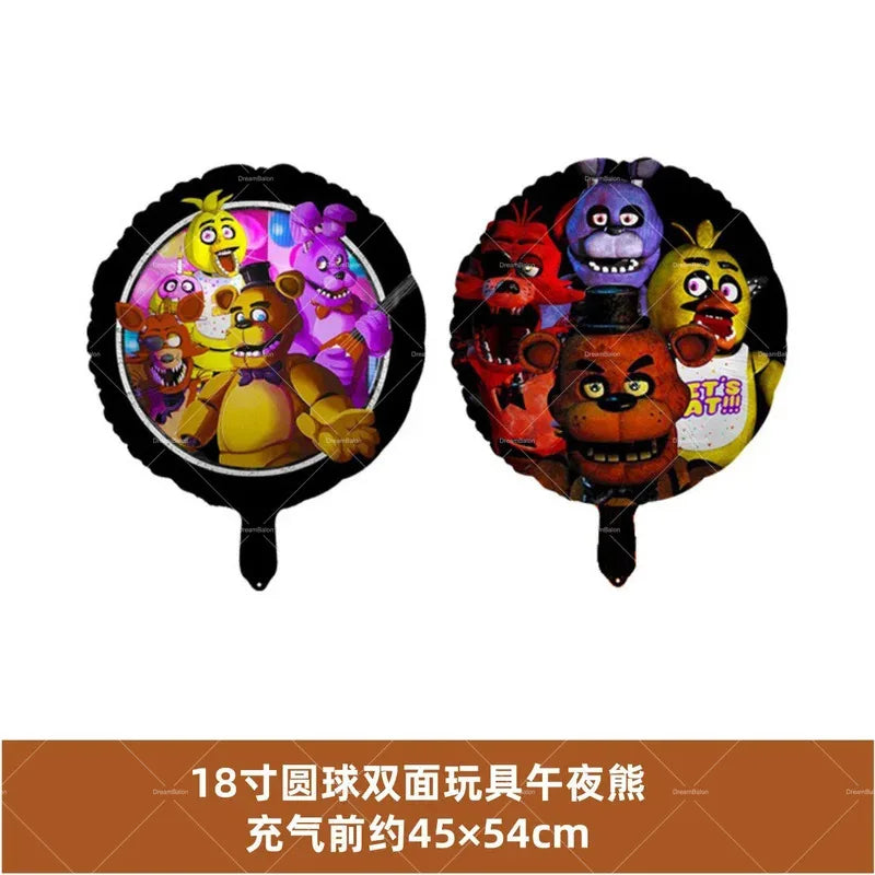 A black foil balloon shaped like a bear face with a yellow and purple character design.