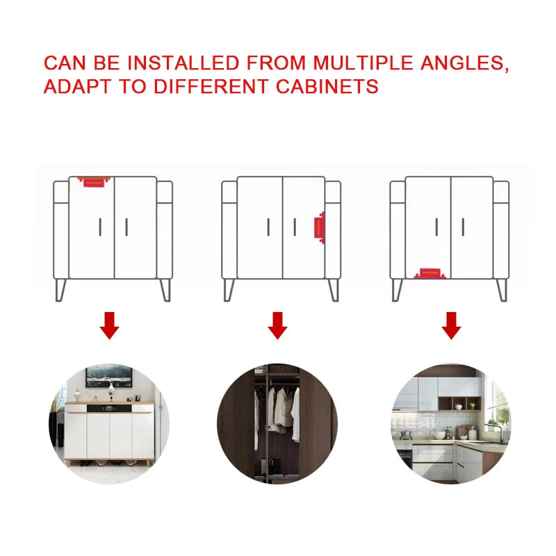Magnetic cabinet door latch closures that can be installed from multiple angles and adapt to different cabinets.