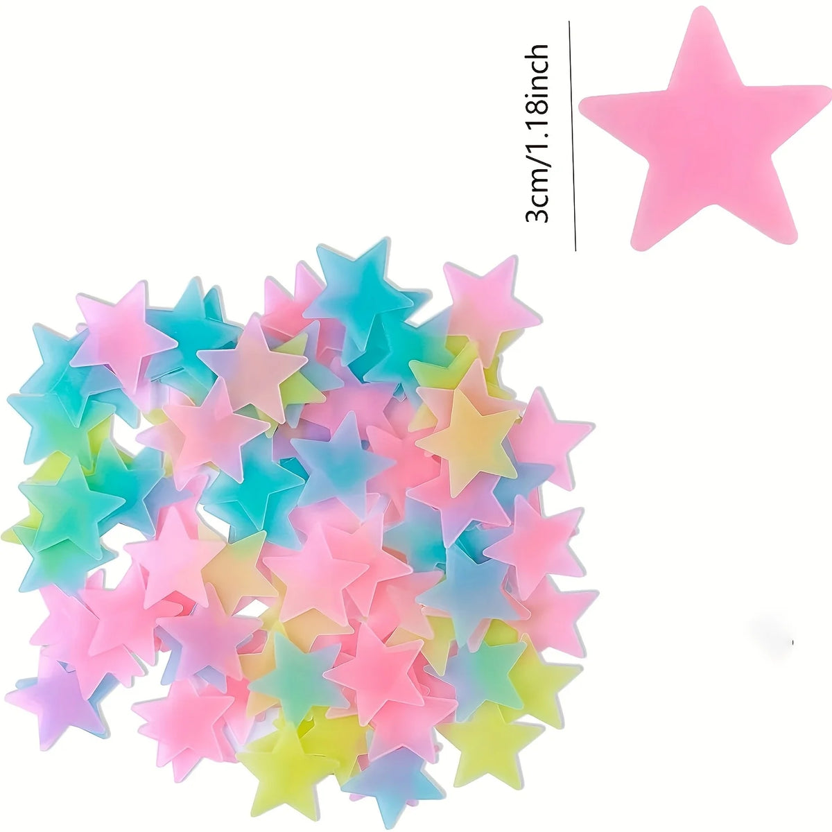 A pile of glow in the dark star wall decals in various shades of pink, blue, and yellow.