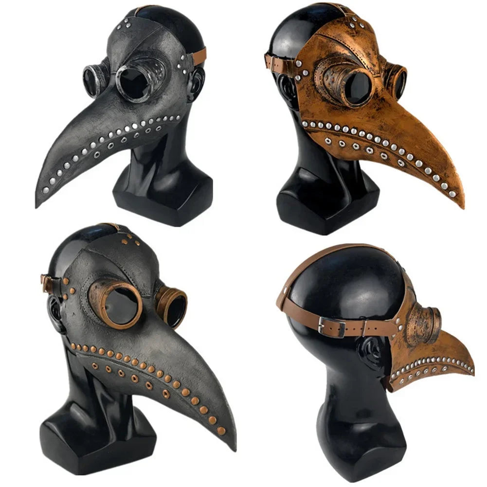 A set of three plague doctor bird mask cosplay props in black and bronze finishes.