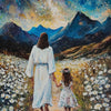 A woman in a white dress holds the hand of a younger girl amidst a field of white flowers with a mountain landscape and starr