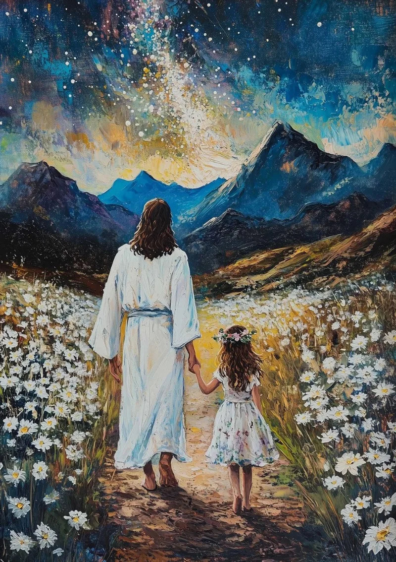 A woman in a white dress holds the hand of a younger girl amidst a field of white flowers with a mountain landscape and starr