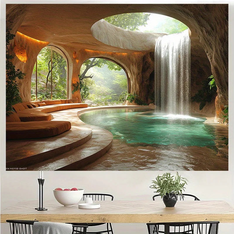 A luxurious indoor spa featuring a natural cave-like setting with a flowing waterfall and lush greenery.
