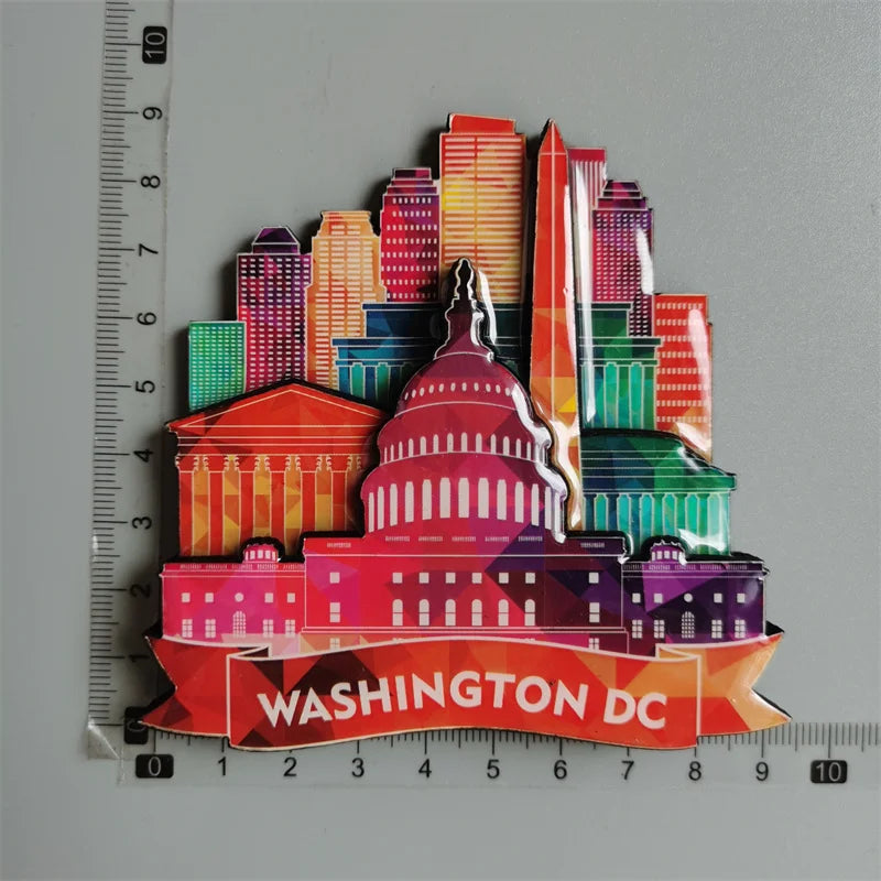 A collection of colorful fridge magnets shaped like iconic buildings and landmarks of Washington D.C.