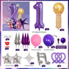 A set of decorative balloons including a purple number balloon, a gold balloon, and various shaped balloons like stars and ri