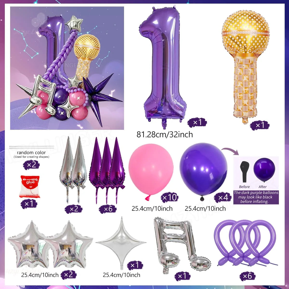 A set of decorative balloons including a purple number balloon, a gold balloon, and various shaped balloons like stars and ri