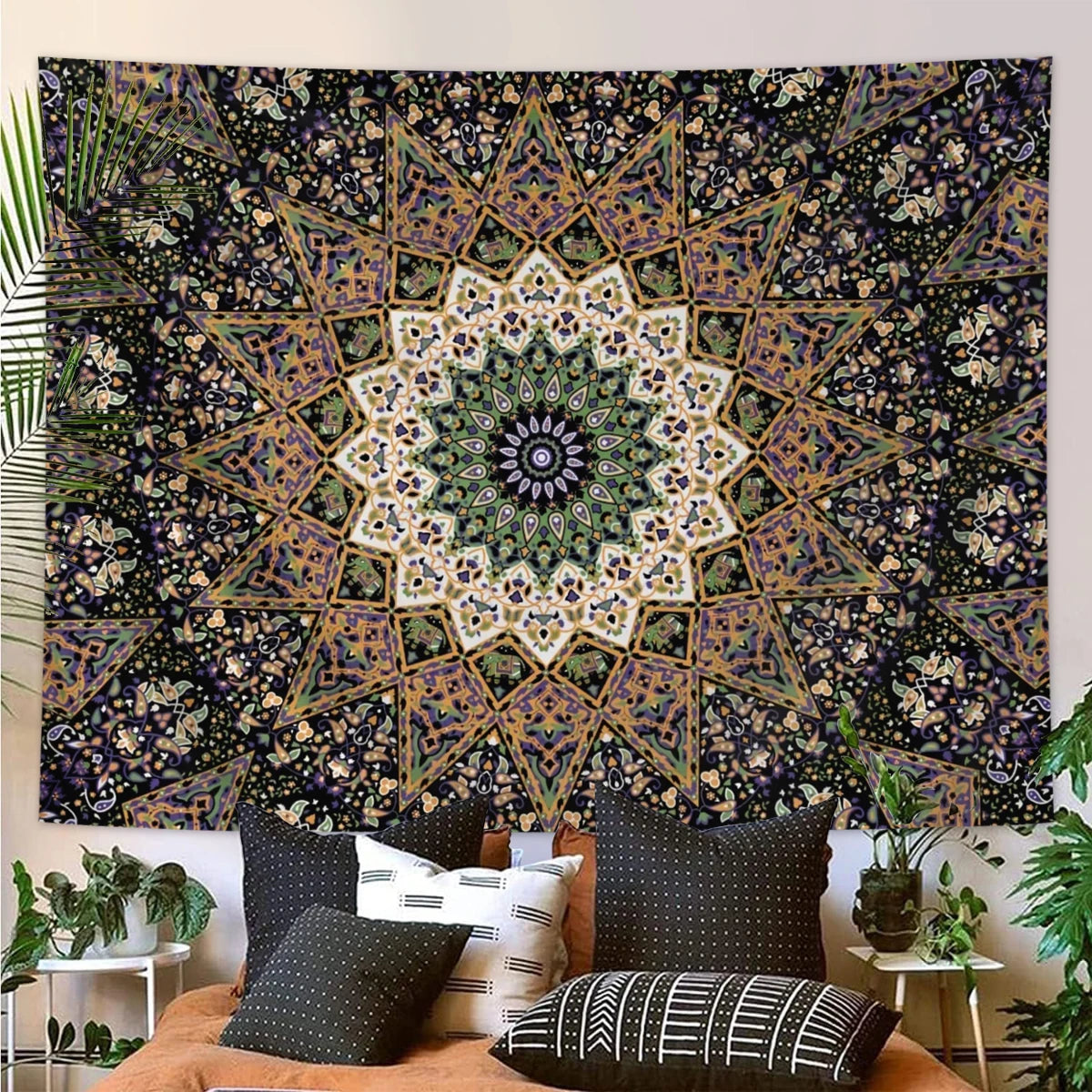 Bohemian mandala tapestry wall hanging featuring intricate geometric patterns in purple, gold, and green tones.