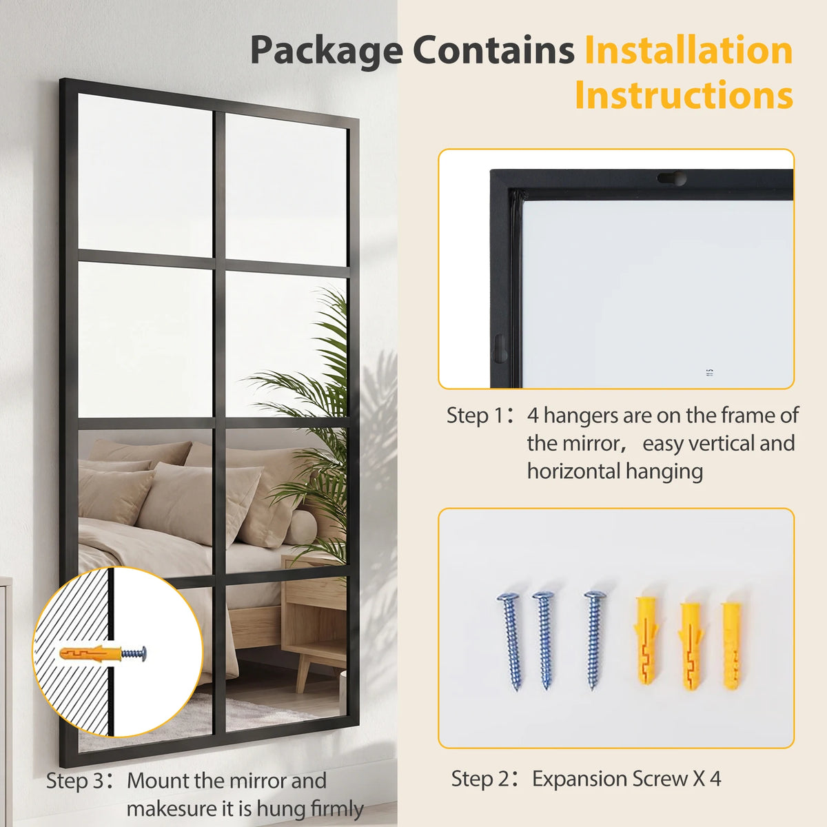 Modern Window Pane Wall Mirror with Metal Frame