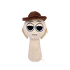 A plush toy set featuring a brown hat and a light beige body with large black eyes.