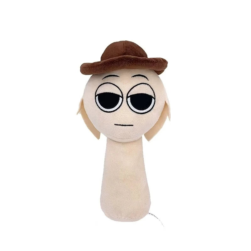 A plush toy set featuring a brown hat and a light beige body with large black eyes.