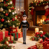 A festive holiday scene featuring a Christmas tree decorated with ornaments and gifts, next to an elf decoration.