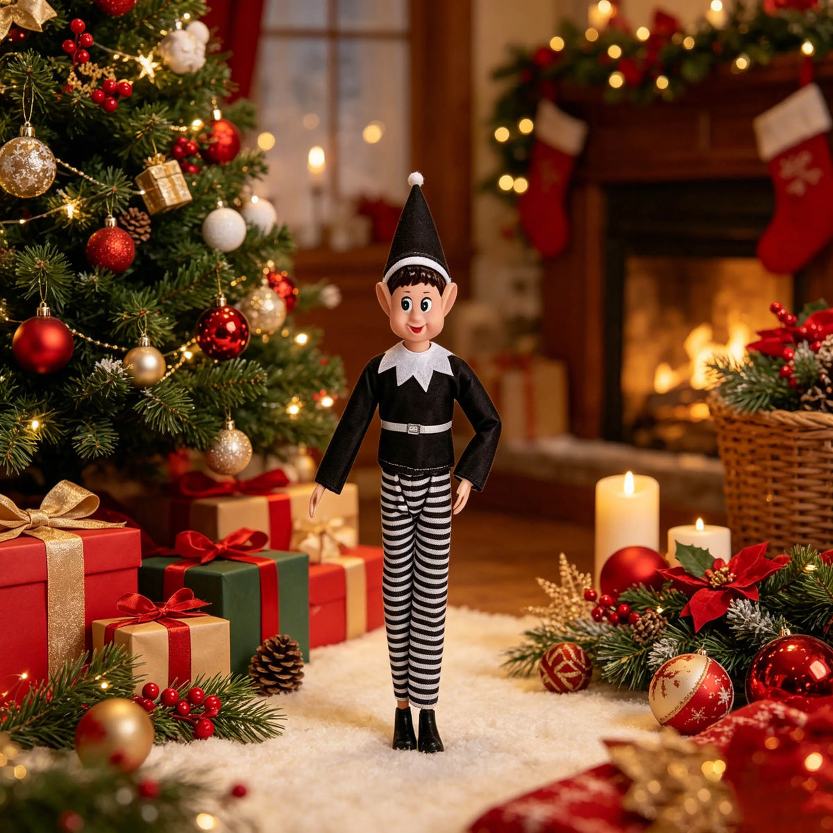 A festive holiday scene featuring a Christmas tree decorated with ornaments and gifts, next to an elf decoration.