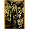 A dark, dramatic anime illustration featuring a character with large wings and a skull-like face.