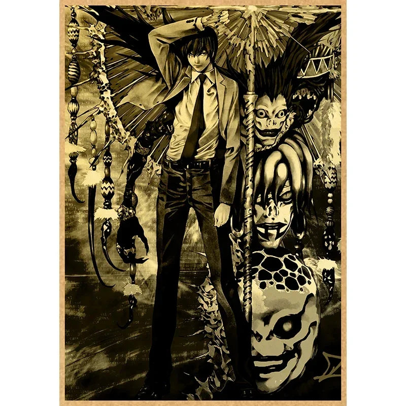 A dark, dramatic anime illustration featuring a character with large wings and a skull-like face.