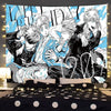 Anime tapestry wall hanging featuring Jujutsu Kaisen Gojo Satoru in a dynamic pose with blue and white patterns.