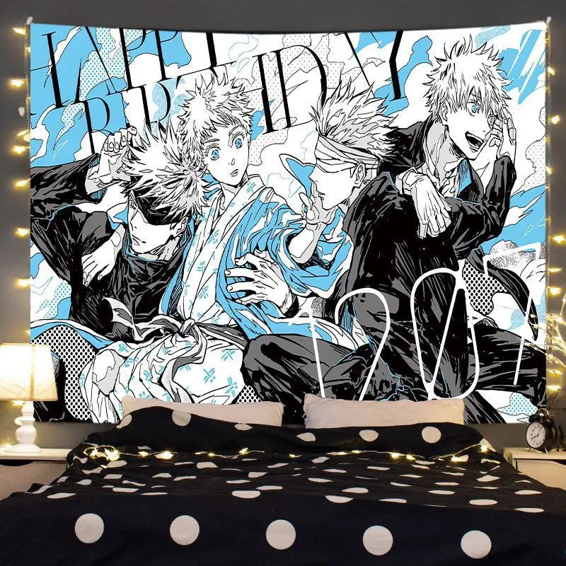 Anime tapestry wall hanging featuring Jujutsu Kaisen Gojo Satoru in a dynamic pose with blue and white patterns.