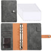 A6 PU leather budget planner binder with cash envelopes and expense sheets shown in gray and orange.