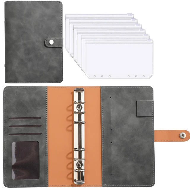 A6 PU leather budget planner binder with cash envelopes and expense sheets shown in gray and orange.