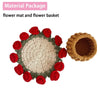 Hand-crocheted flower mat and flower basket featuring red roses and natural woven material.