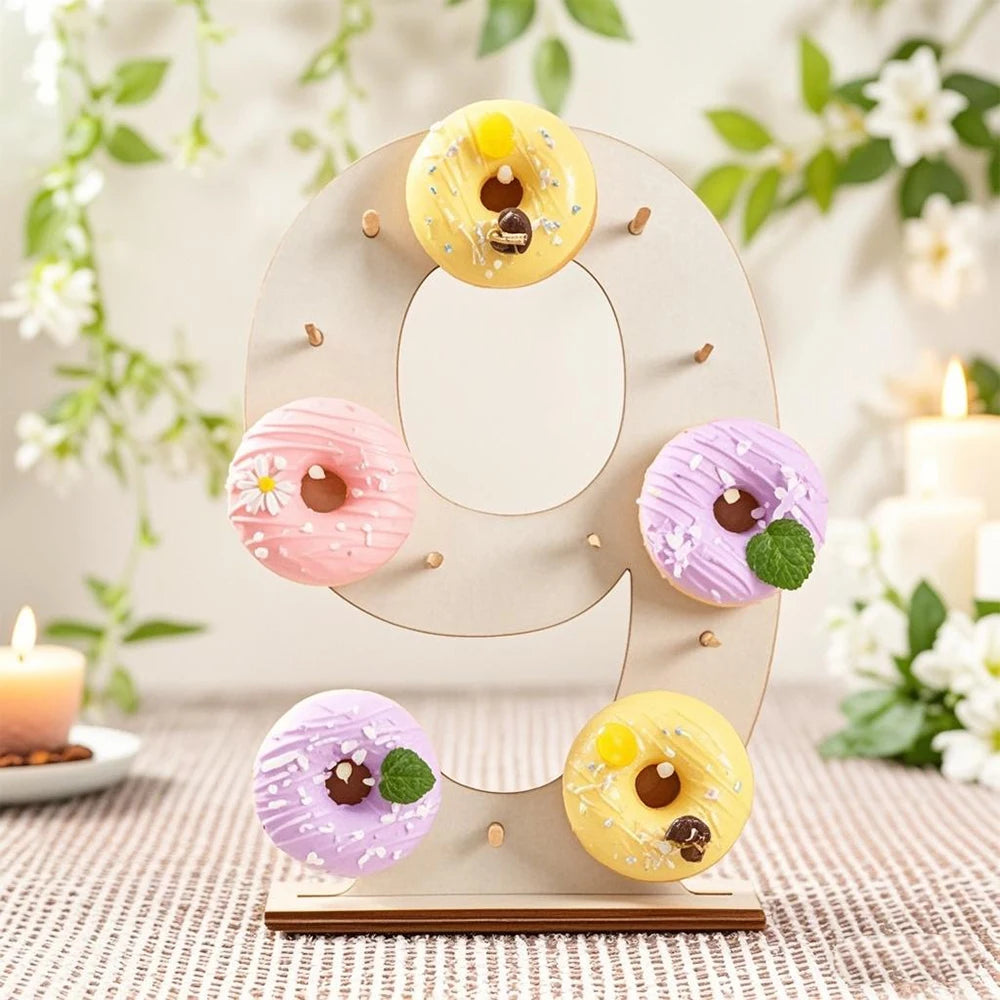 A wooden number display stand shaped like the number 9 holds various colorful frosted donuts.