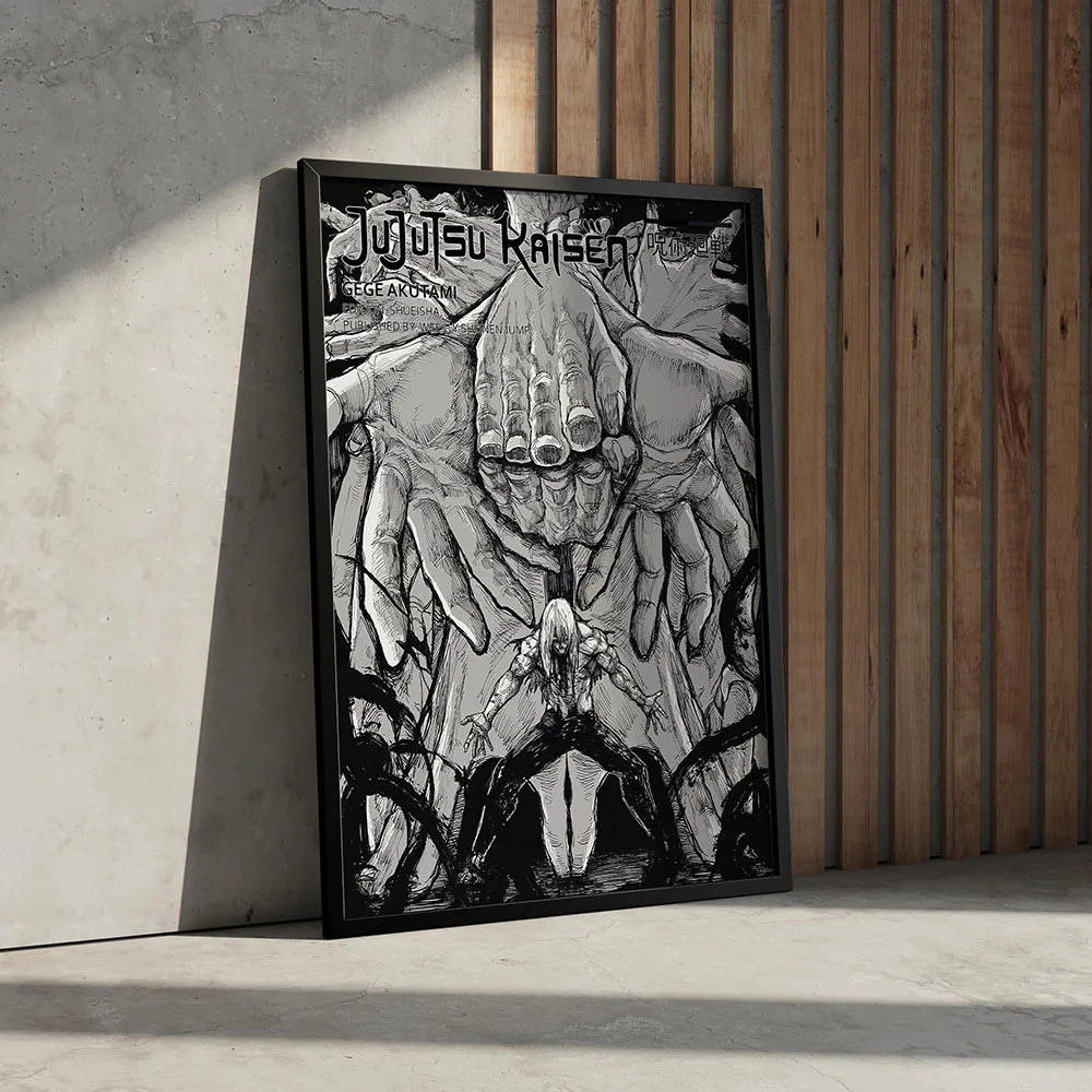 Canvas wall art featuring a black and white illustration of a hand grasping a figure from Jujutsu Kaisen