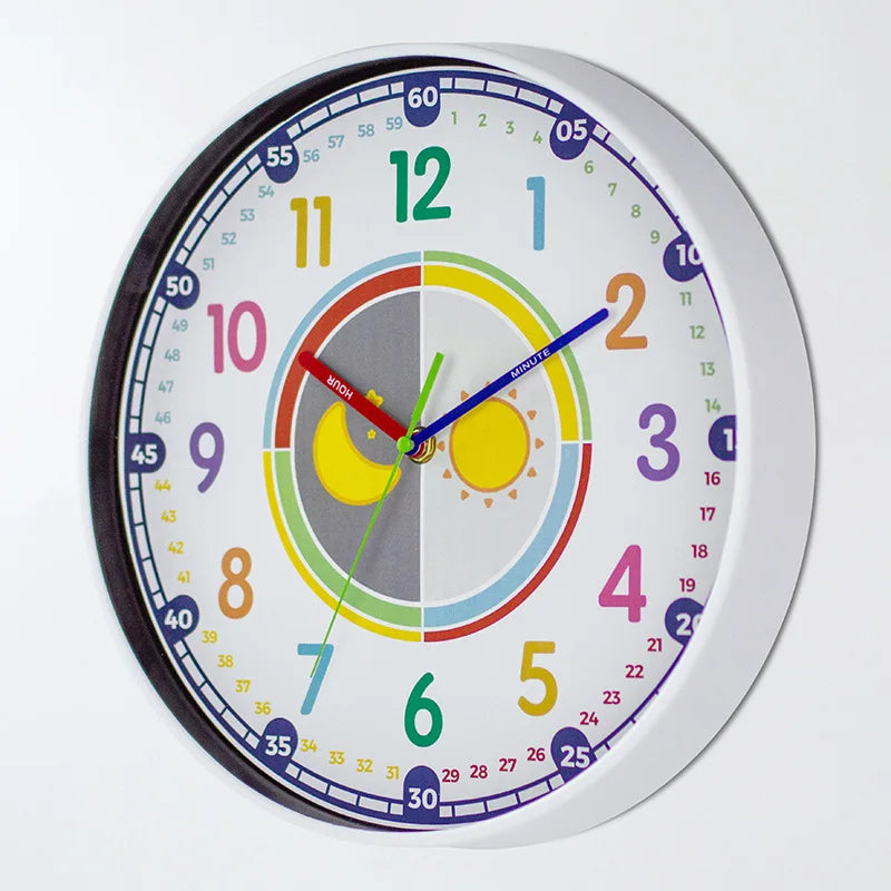 A colorful silent wall clock with a white face and blue hands showing the time.