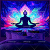 A vibrant, glowing lotus design with a silhouette meditating in a cosmic background.