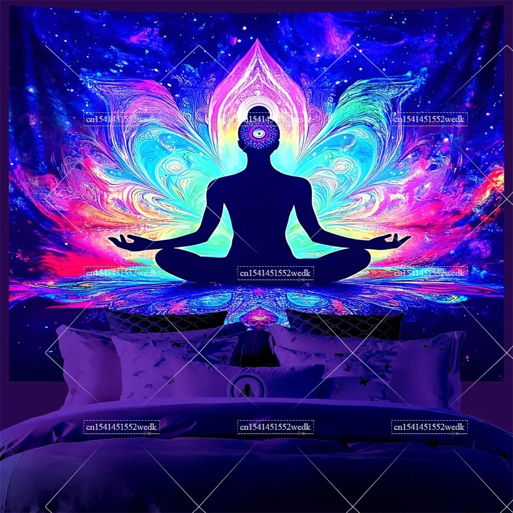 A vibrant, glowing lotus design with a silhouette meditating in a cosmic background.