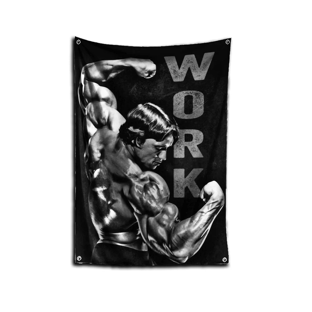 A black flag featuring a muscular male bodybuilder silhouette with the word WORK printed in white text.