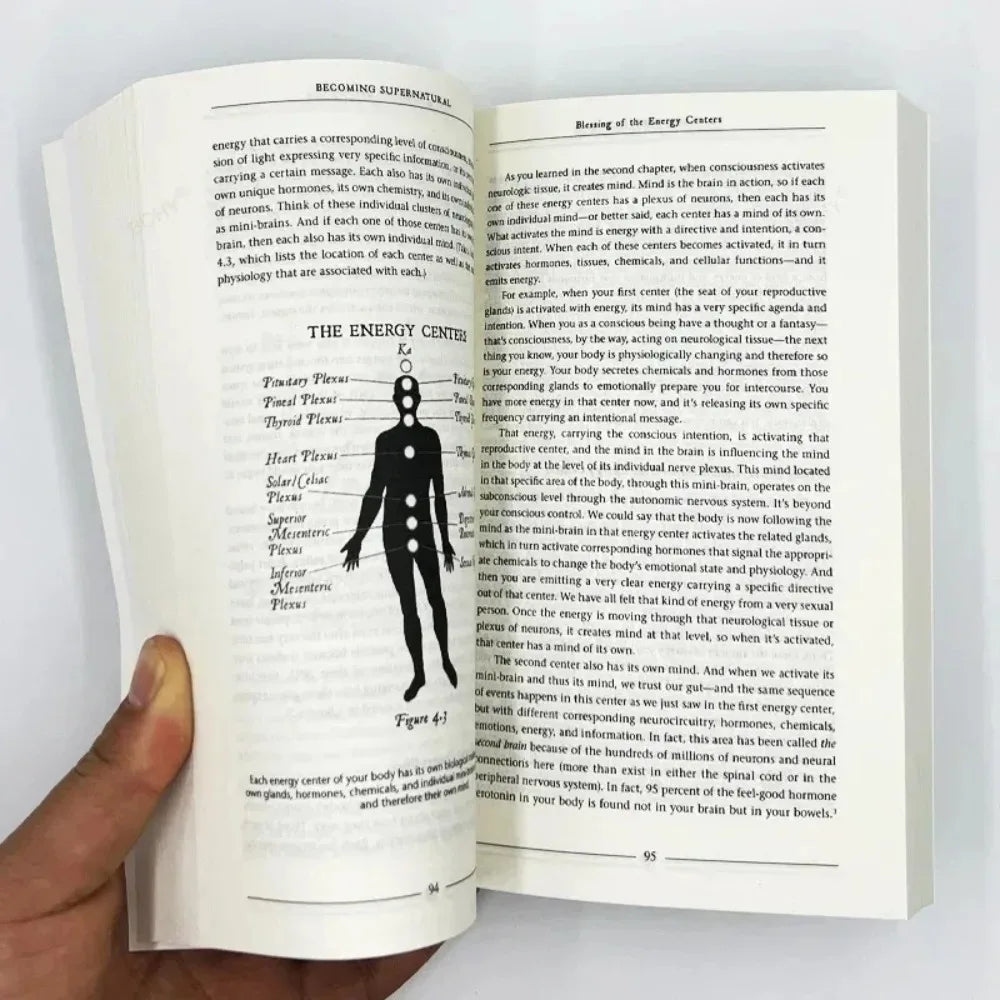 A page from the book Becoming Supernatural showing diagrams and text about energy centers.