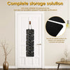 A black hanging felt lapel pin display panel is shown mounted on a white door, with text promoting it as a complete storage s