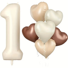 A set of seven milky white and rose gold heart-shaped foil number balloons.