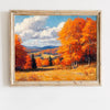 Oil painting of an autumn field landscape featuring vibrant orange and red foliage under a cloudy blue sky.