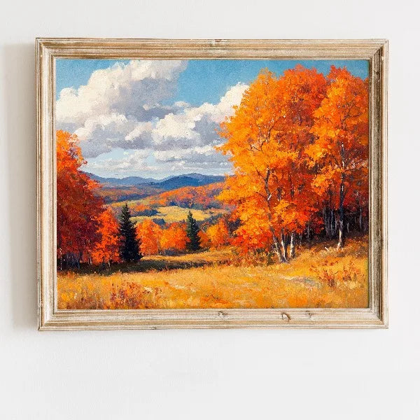 Oil painting of an autumn field landscape featuring vibrant orange and red foliage under a cloudy blue sky.