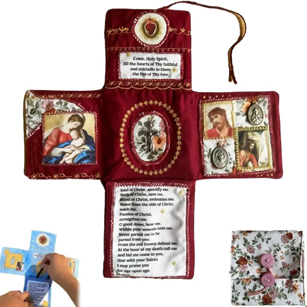 Handcrafted pocket devotional with a cross-shaped pouch featuring religious imagery and text.