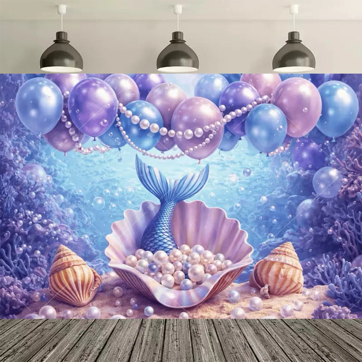 A vibrant underwater backdrop featuring purple and blue balloons, seashells, and a mermaid tail shape.