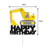A yellow construction vehicle excavator toy with a birthday message on a stick.