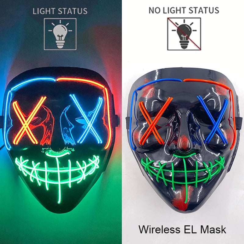 A glow-in-the-dark LED mask with neon wire details shown in both lit and unlit states.