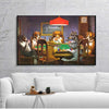 A canvas print depicting several dogs playing poker around a green felt table in a dimly lit room.