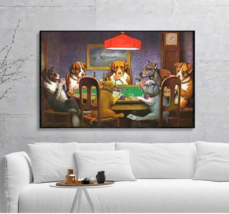 A canvas print depicting several dogs playing poker around a green felt table in a dimly lit room.