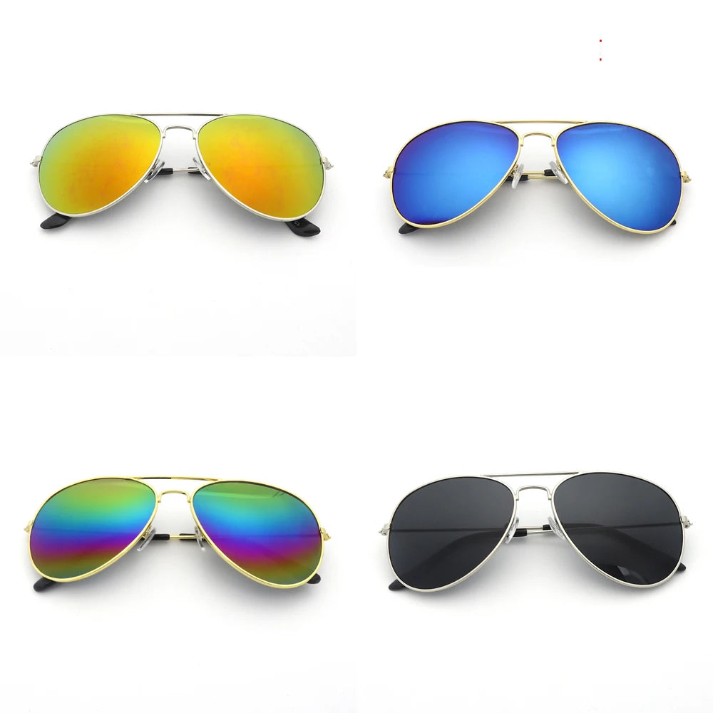A set of classic pilot sunglasses shown in three colors: orange, blue, and mirrored green/rainbow, with a black pair also vis