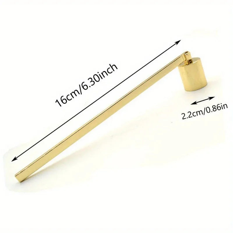 A gold-toned stainless steel candle extinguisher tool with a 16cm length and a 2.2cm head.