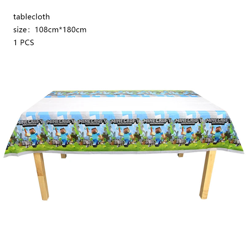 A rectangular tablecloth featuring a Minecraft theme with characters and scenery.