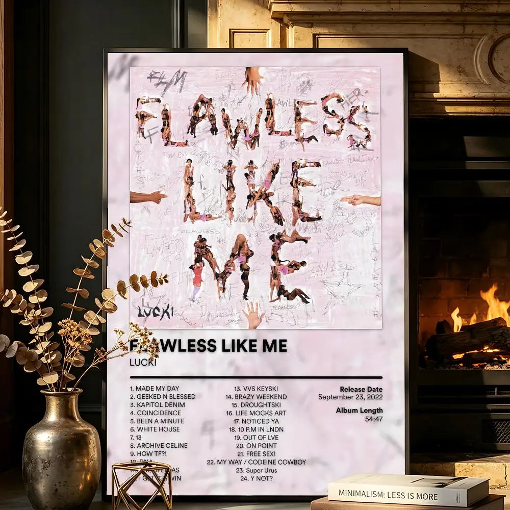 A poster featuring the lyrics 'EAWLESS LIKE ME' with a hand gesture, displayed in a dark setting.