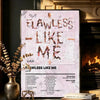 A poster featuring the lyrics 'EAWLESS LIKE ME' with a hand gesture, displayed in a dark setting.