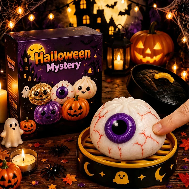 A Halloween simulation baozi ghost dumpling toy displayed with pumpkins, candles, and spooky decorations.