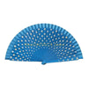 A blue wooden hand fan with a pleated, fan-like design.