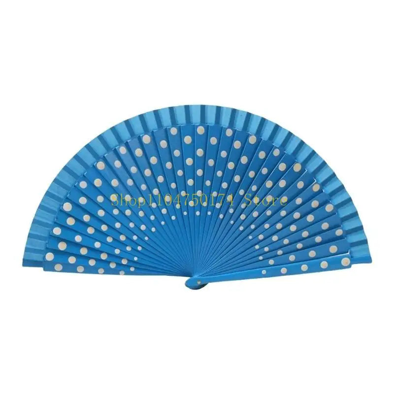 A blue wooden hand fan with a pleated, fan-like design.
